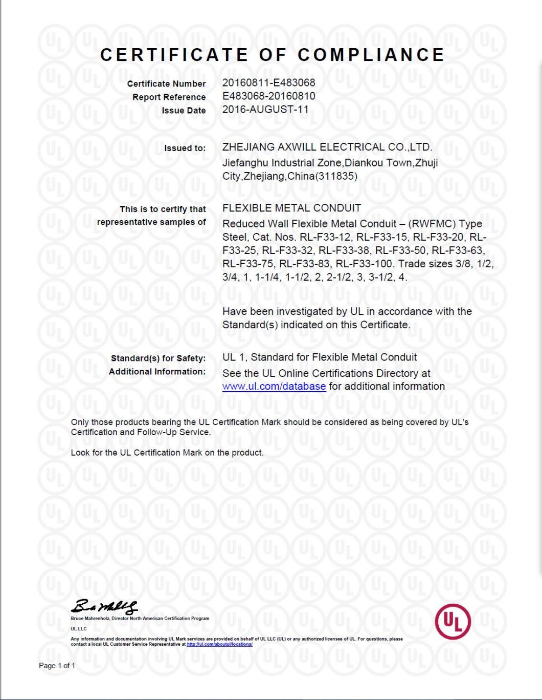 Steel Metal Reduced Wall Flexible Conduit UL Listed